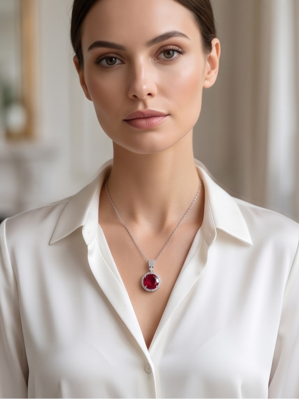 Elegant Red Crystal Pendant Necklace - Silver Chain - Picture 3 of 4